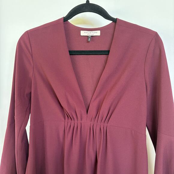Halston Heritage Wine Red Flare Sleeve V-Neck Babydoll Mini Dress Size 2 - Picture 2 of 9